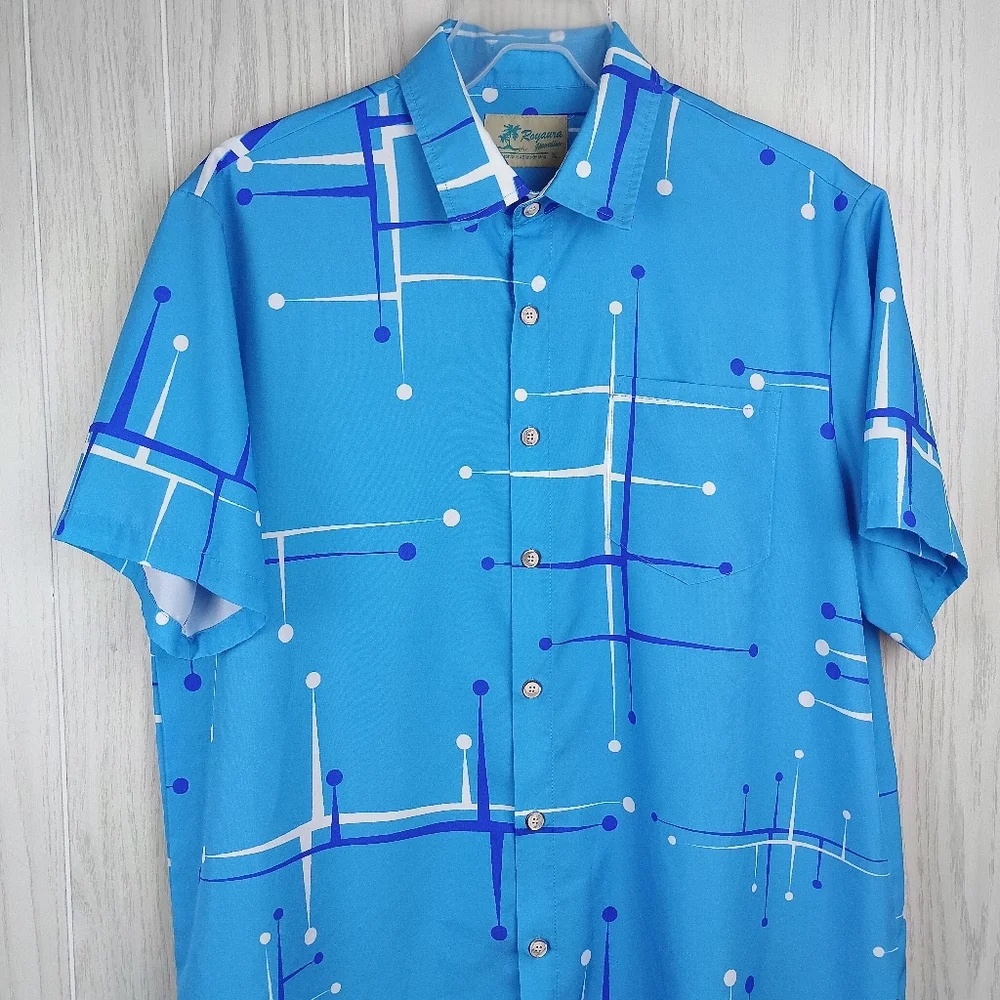 Royaura Hawaiian Blue Lines Pattern XL button down thin beach shirt color - Picture 2 of 13